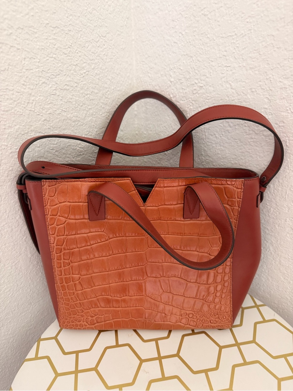 Vince Terracotta Croc-Embossed Leather Tote